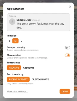 The Appearance dialog with a preview message, font size, compact density, show avatars, timestamps and sort threads options