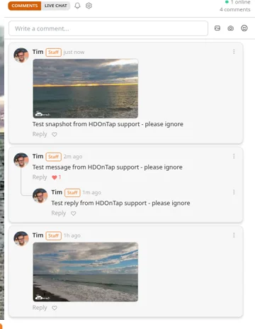 The chat panel in Comments mode, with a snapshot post, a message with an indented reply and the Write a comment box
