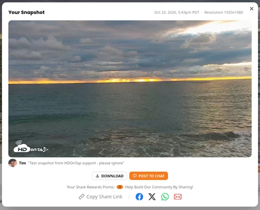 A saved snapshot with the HDOnTap watermark and the Download, Post to Chat and share options