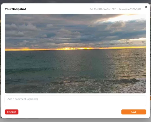 The Your Snapshot window with the image preview, comment box and Discard and Save buttons