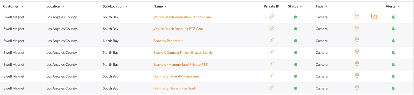 The Portal Devices page filtered to one customer, showing each camera's orange name link and a green status circle
