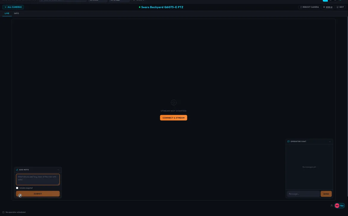A camera page before streaming, with the Connect & Stream button, the Add Note panel and the Operator Chat panel