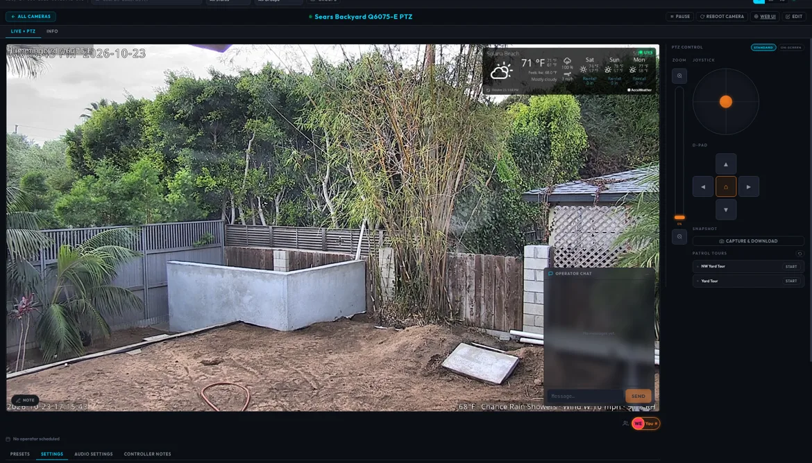 Live + PTZ view with the PTZ Control panel showing the zoom bar, joystick, D-Pad, Capture & Download button and Patrol Tours list