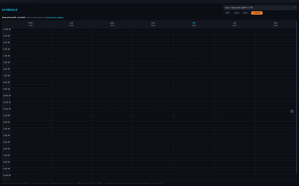 The Schedule page with a weekly calendar in 30-minute slots and the Prev, Today, Next and Repeat buttons