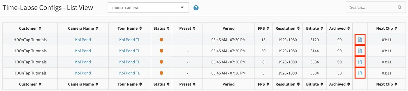Time-Lapse Configs list with the embed icon highlighted for each config